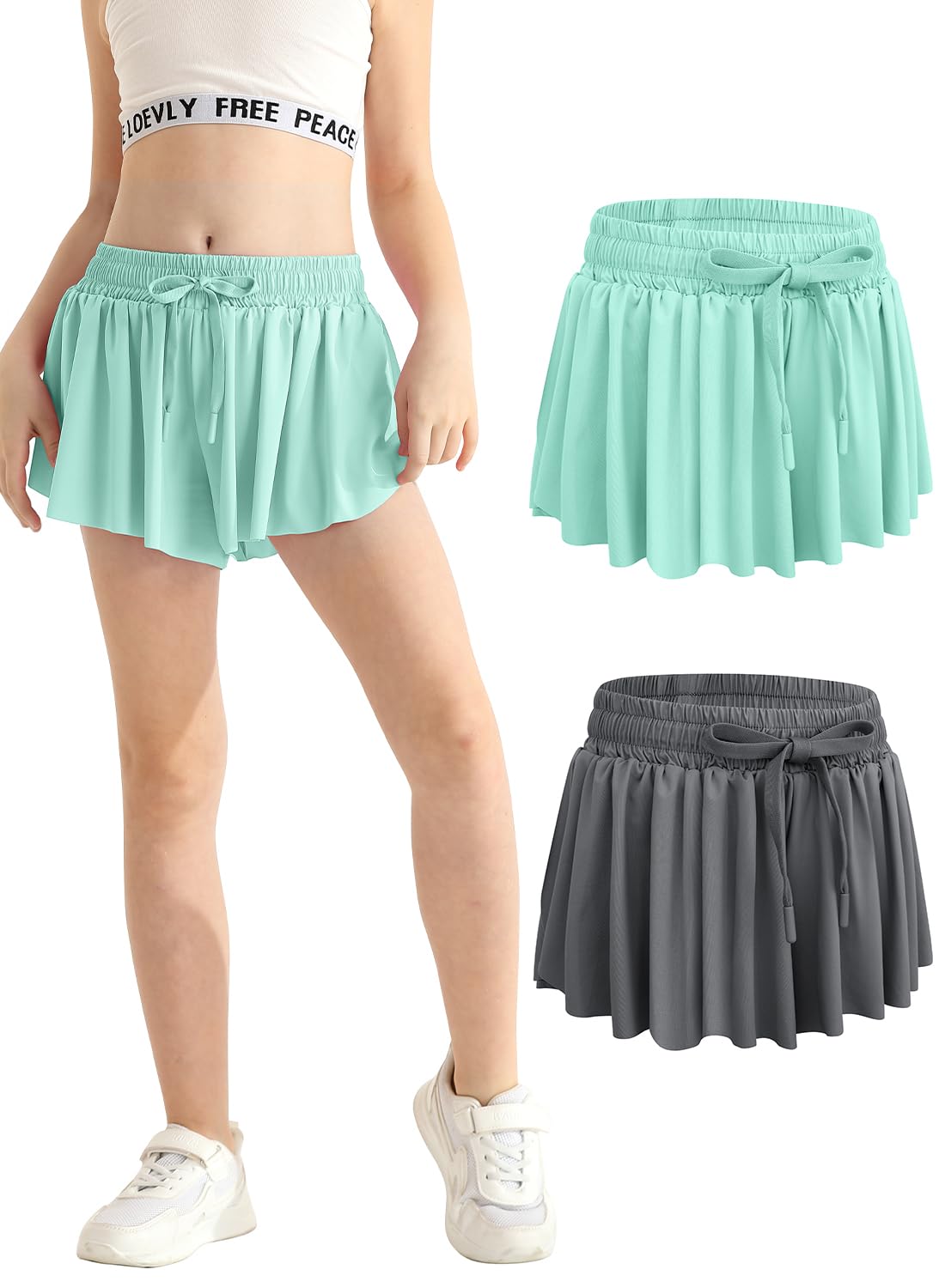 Alakuoti Girls Flowy Athletic Shorts with Pocket Drawstring 2 in 1 Quick Dry Butterfly Skirts for Running, Tennis, Dance