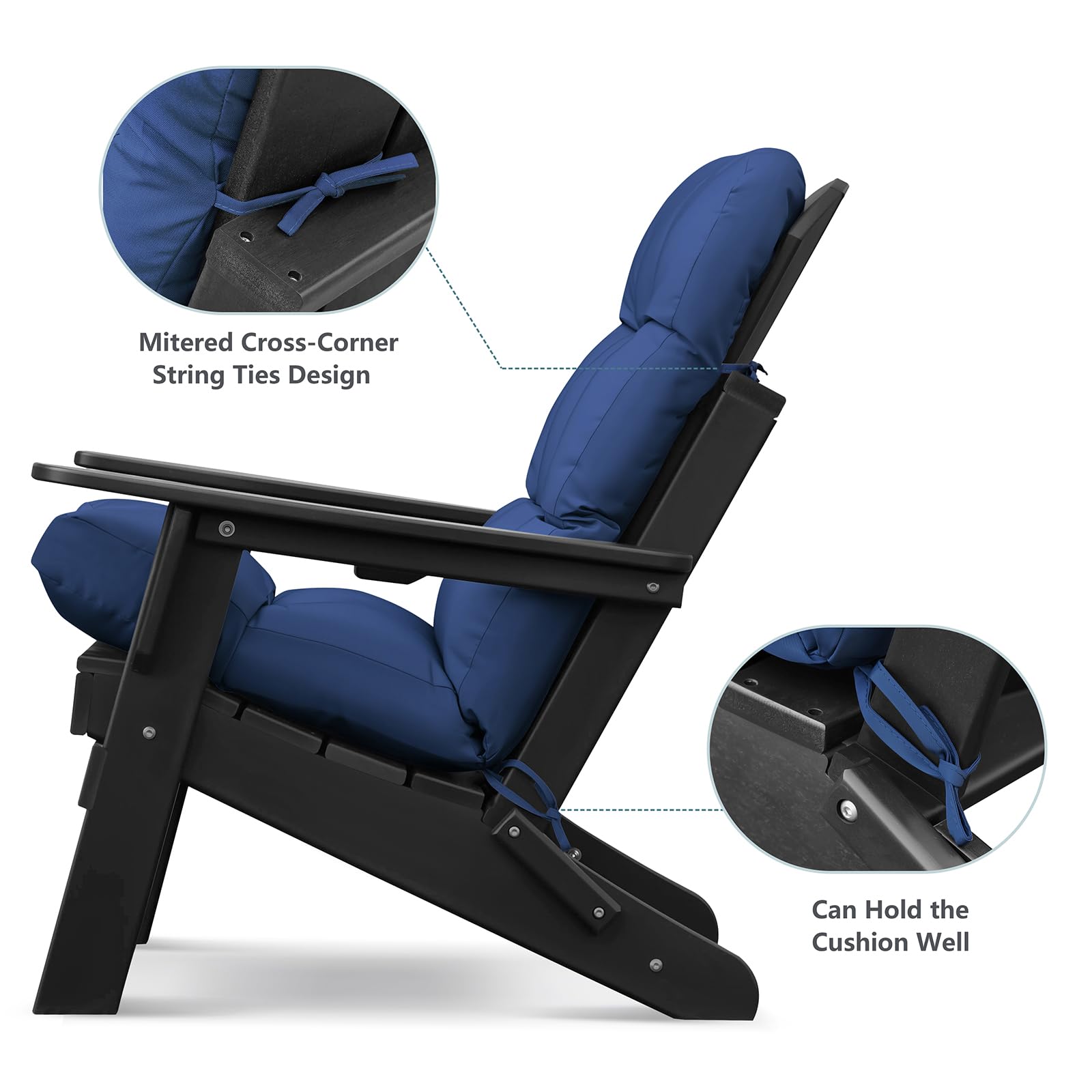 ATR ART TO REAL Adirondack - Cojines para silla de jardín, 118 x 50 x 11 cm, cojín de repuesto para exteriores con lazos antideslizantes, cojines de asiento impermeables con respaldo alto, color azul