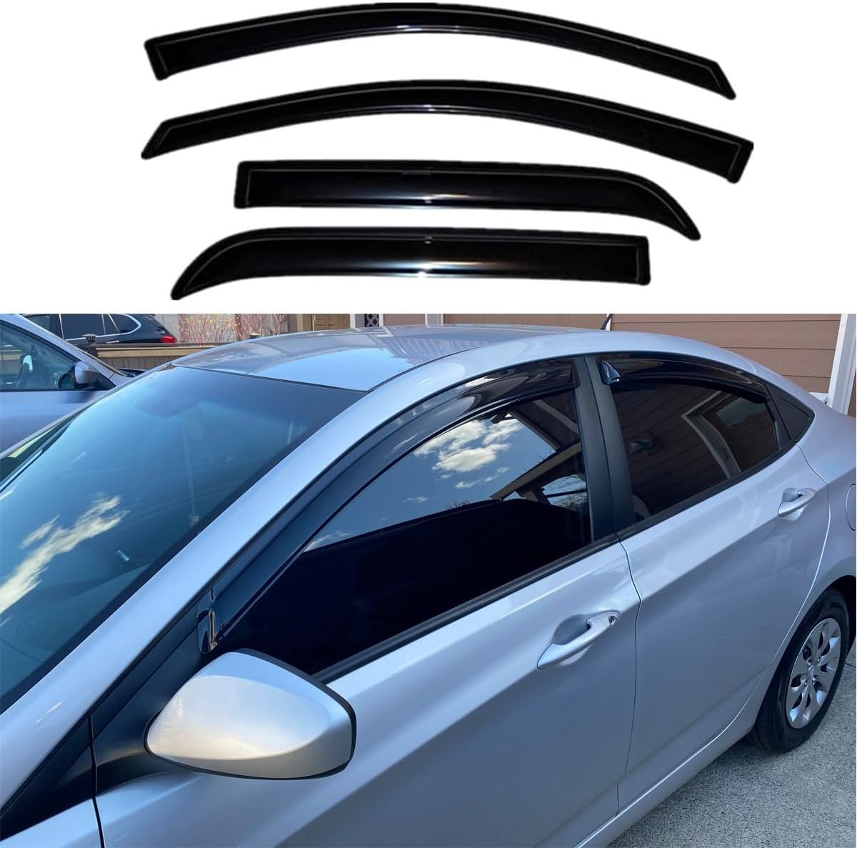 Original 4pcs Wind Deflector, Outside Mount Tape-On Waterproof Protective Rain Guards Set, Sunroof Side Window Visors Compatible with 2012-2017 Hyundai Accent Sedan 94970