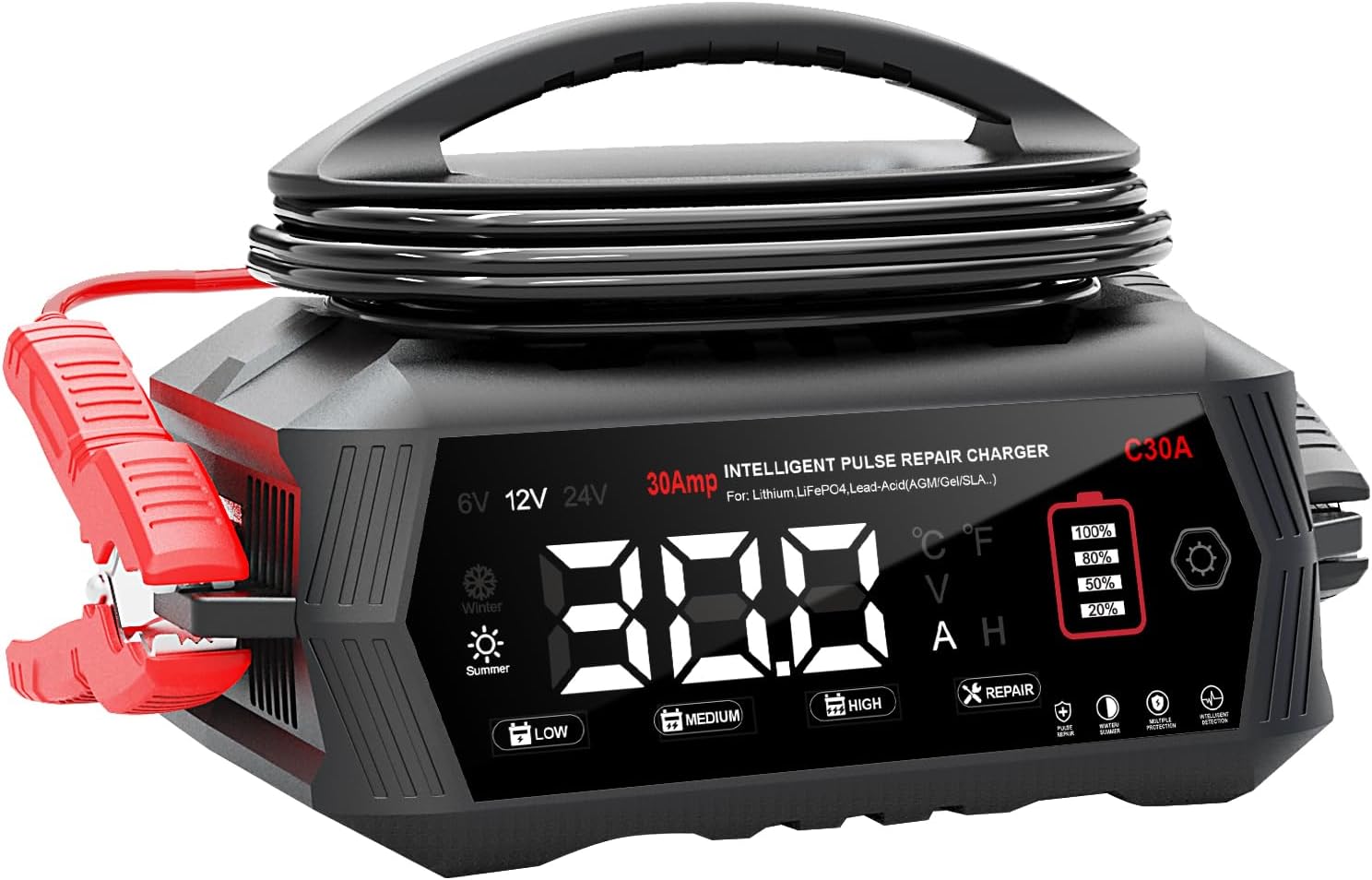 30-Amp Battery Charger for Lithium LiFePo4 Lead Acid Deep Cycle (AGM/Gel), 6V/12V/24V Battery Charger & Maintainer, Trickle Charger for Car Truck Motorcycle Lawn Mower Marine