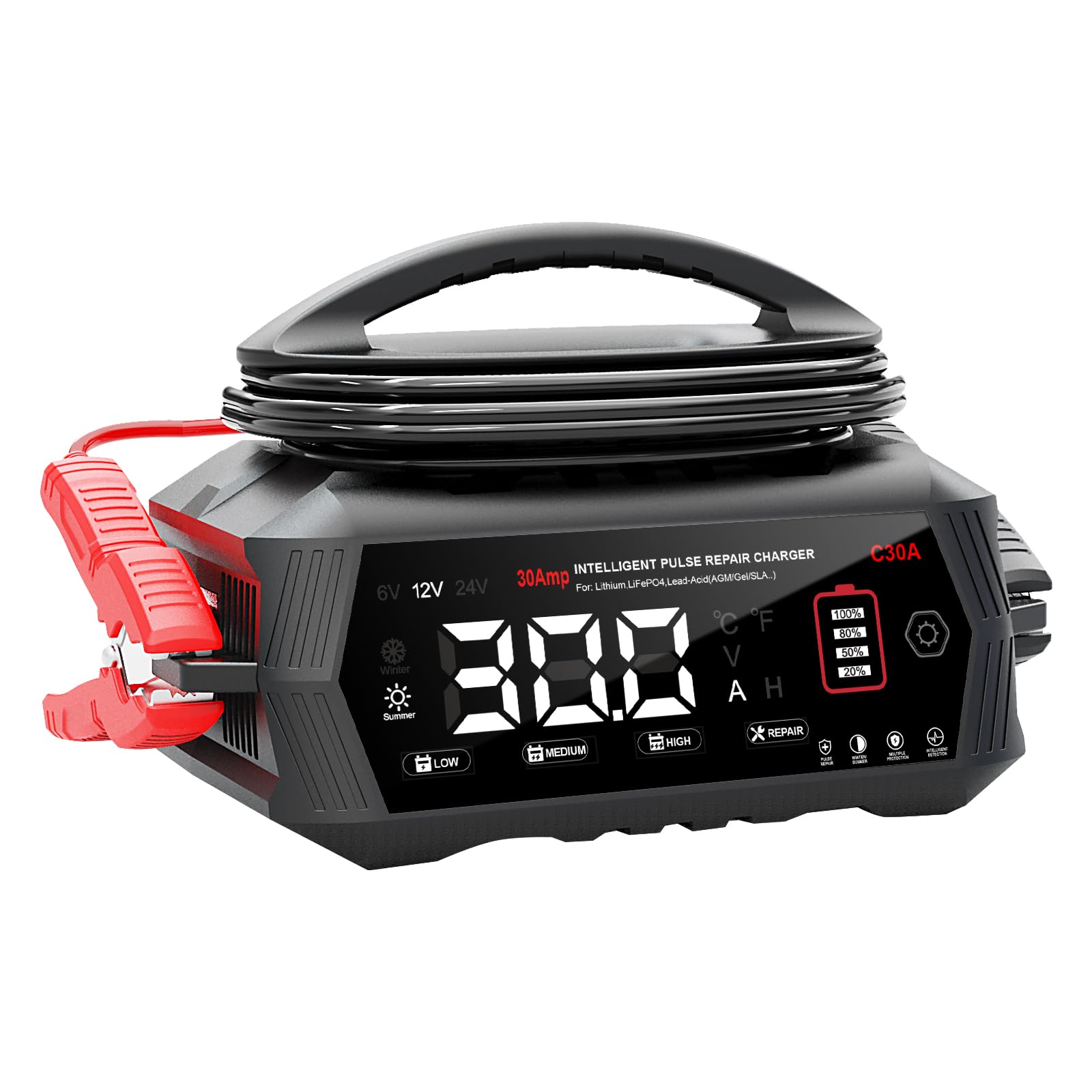 Cargador de batería de coche de 30 A, Haisito 6 V/12 V/24 V, cargador y soporte para AGM, Gel, SLA, EFB y LiFePO4, cargador automático de 9 etapas con pantalla LCD para coche, moto