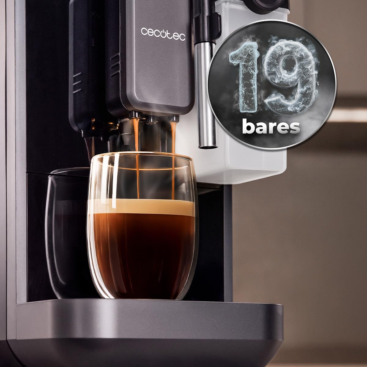 Cecotec Superautomatyczny ekspres do kawy Cremmaet Long Milk. 19 Bar, Thermoblock, 7 napojów, parownik, 5 poziomów mielenia, zbiornik na wodę 2 l, 240 ml mleko i 280 g kawa, odkamienianie