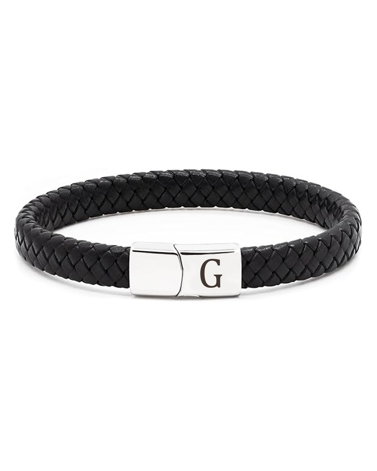 TOLOWOBK Lederarmband Herren mit Buchstaben Gravur Schwarz Geflochten | Personalisiertes A-Z Buchstaben Armband Edelstahl Magnetverschluss Armbänder Geschenke für Männer Jungs Schulstart Geburtstag