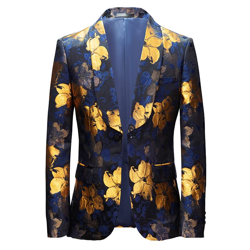 Gold Floral Jacquard Tuxedo Blazer Male Shawl Collar One Button Dress Suit Jacket Mens Wedding Party Dinner Blazer2