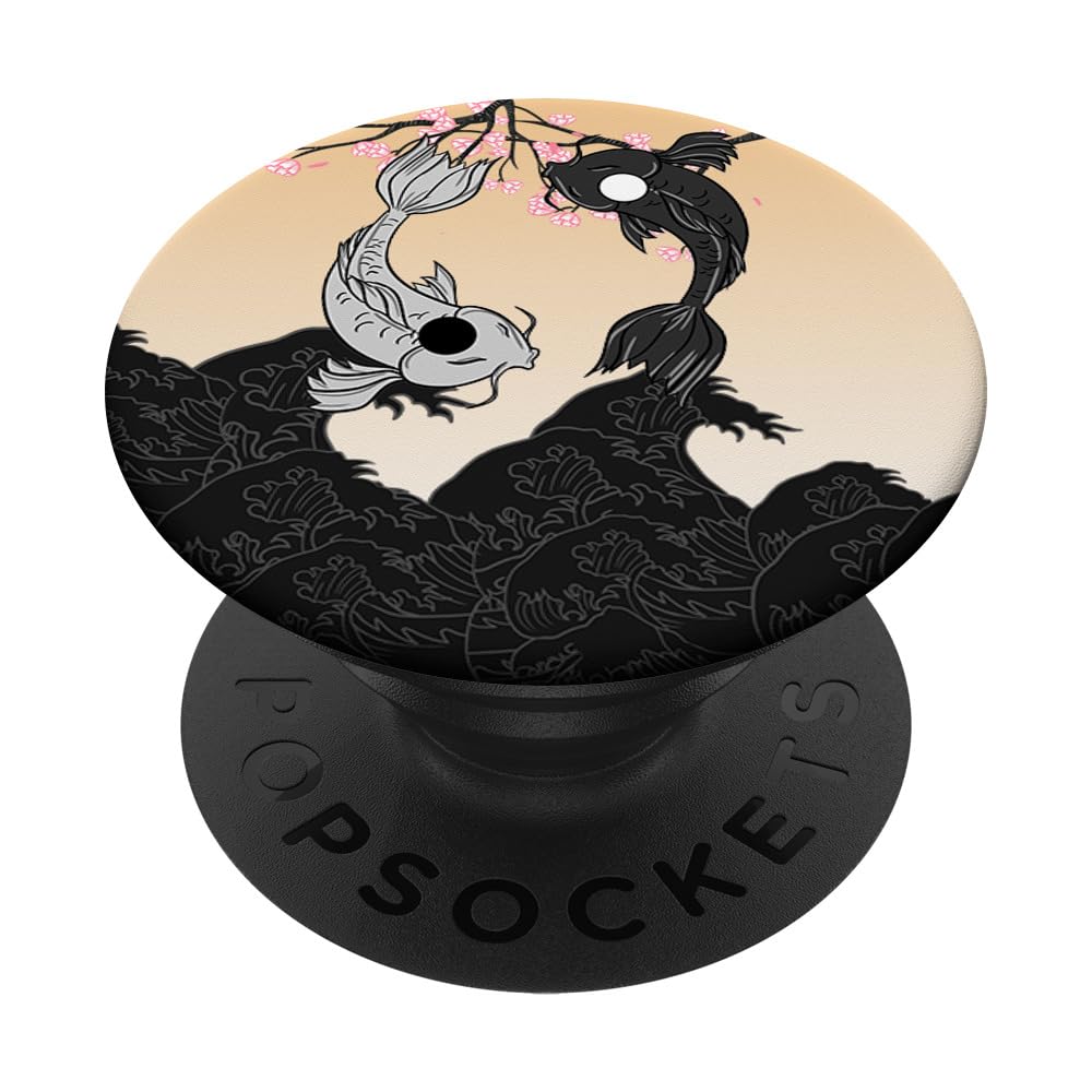 Yin Yang Koi Ocean Wave Cherry Blossoms Japanese Fish Gift PopSockets Swappable PopGrip
