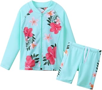 Kids Girls Long sleeve Rashguard 2-Piece Swimsuit Set Bathing Suit with Zipper UPF 50+ Sun Protection