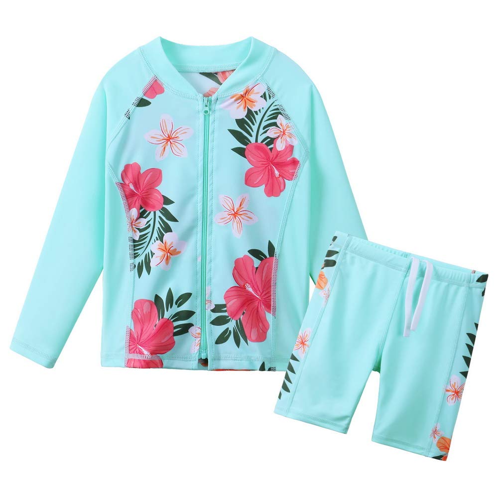HUAANIUEGirls 2PCS Longsleeve Swimsuit Sunsafe Swimwear Kids Summmer Print Flower Swim Sets Sun Protection UPF 50+ Swimming Costume for Girl 3-11Y