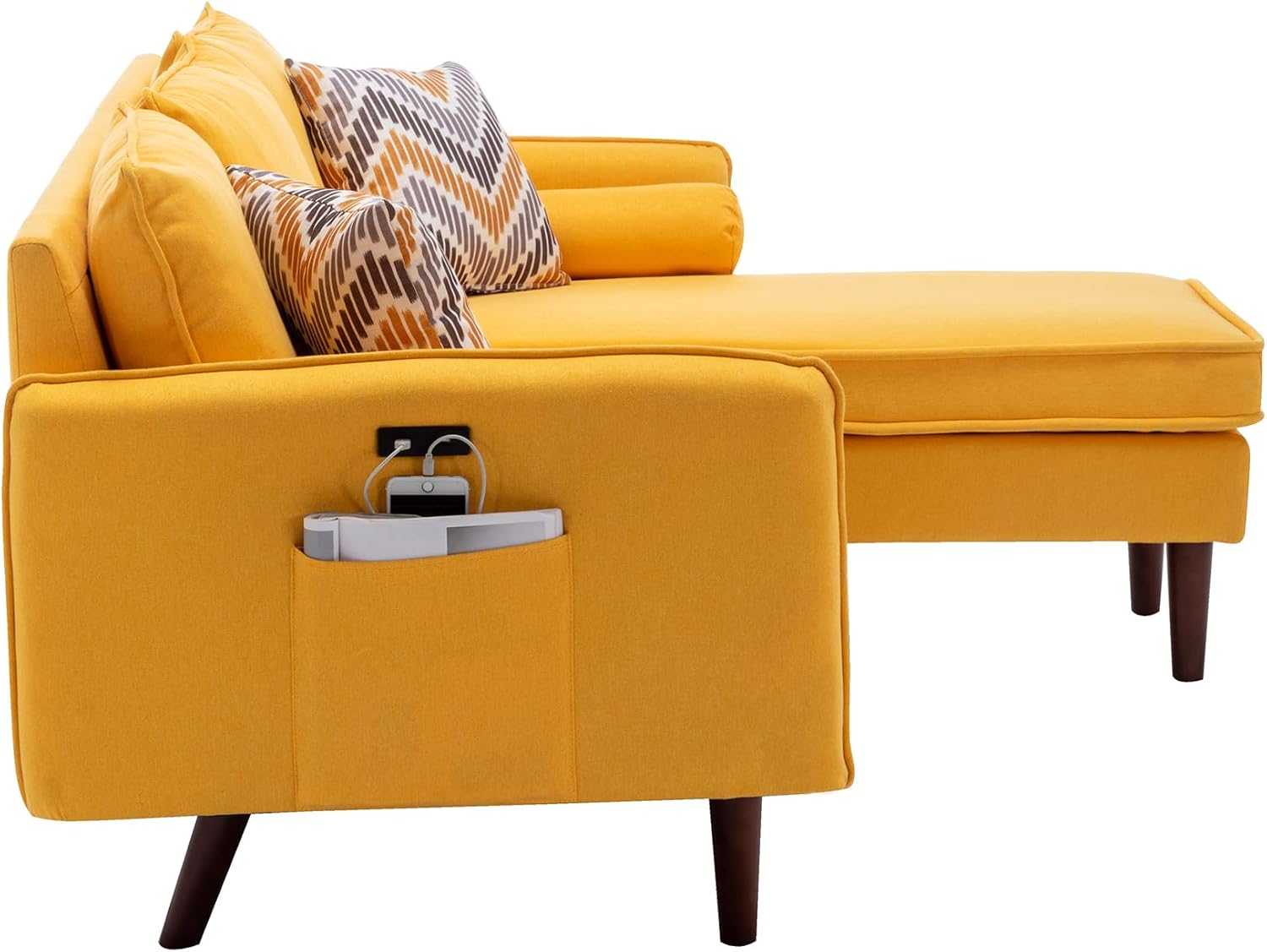 Lilola Home 70-inch Yellow Linen Reversible Sectional Sofa Chaise with USB Charger & Pillows