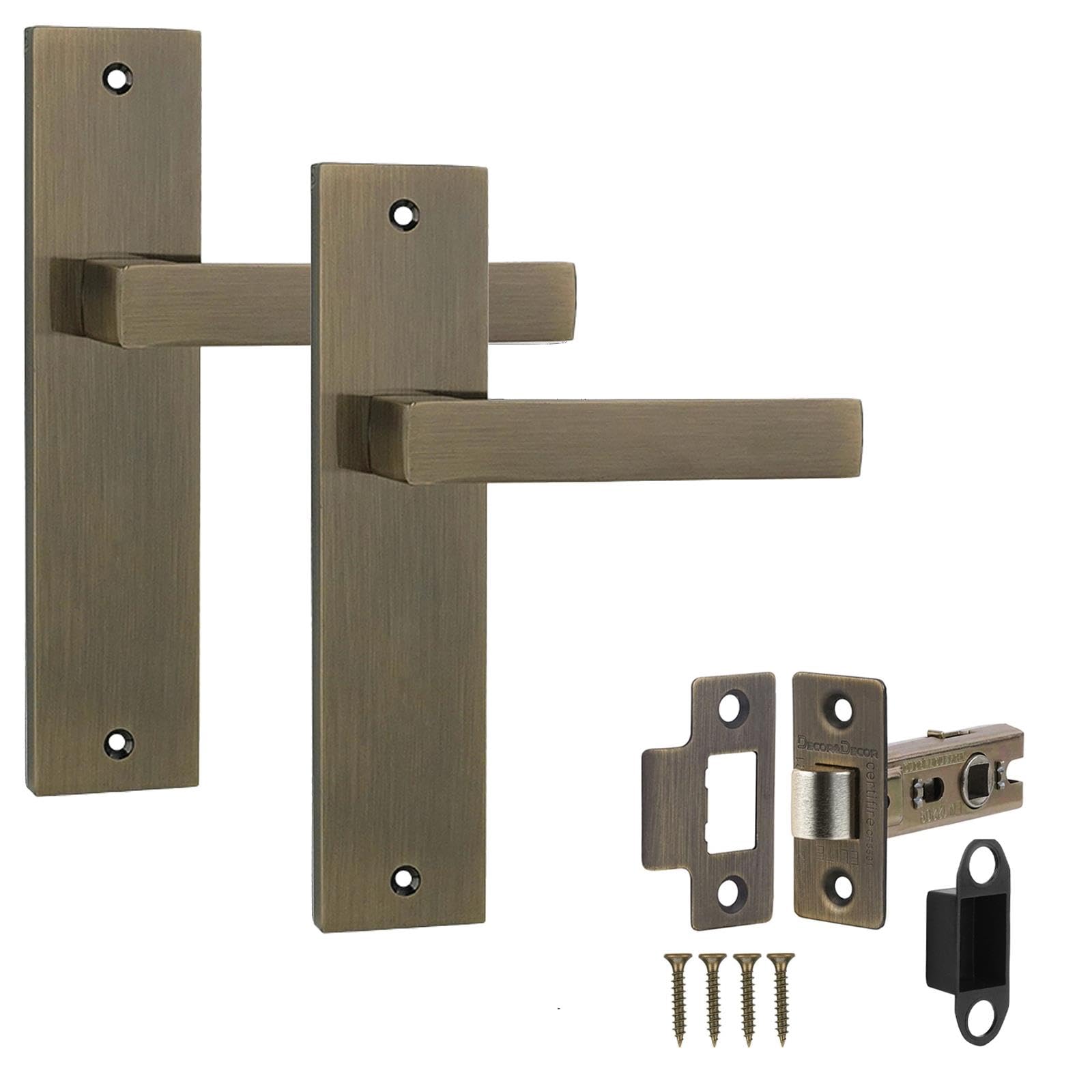 Decoranddecor Antique Brass Lumina Lever Handles On Backplate – Aluminium Internal Door Set With 2.5In Fire-Rated Mortice Latch, Art Deco Inspired Design For Modern Residential