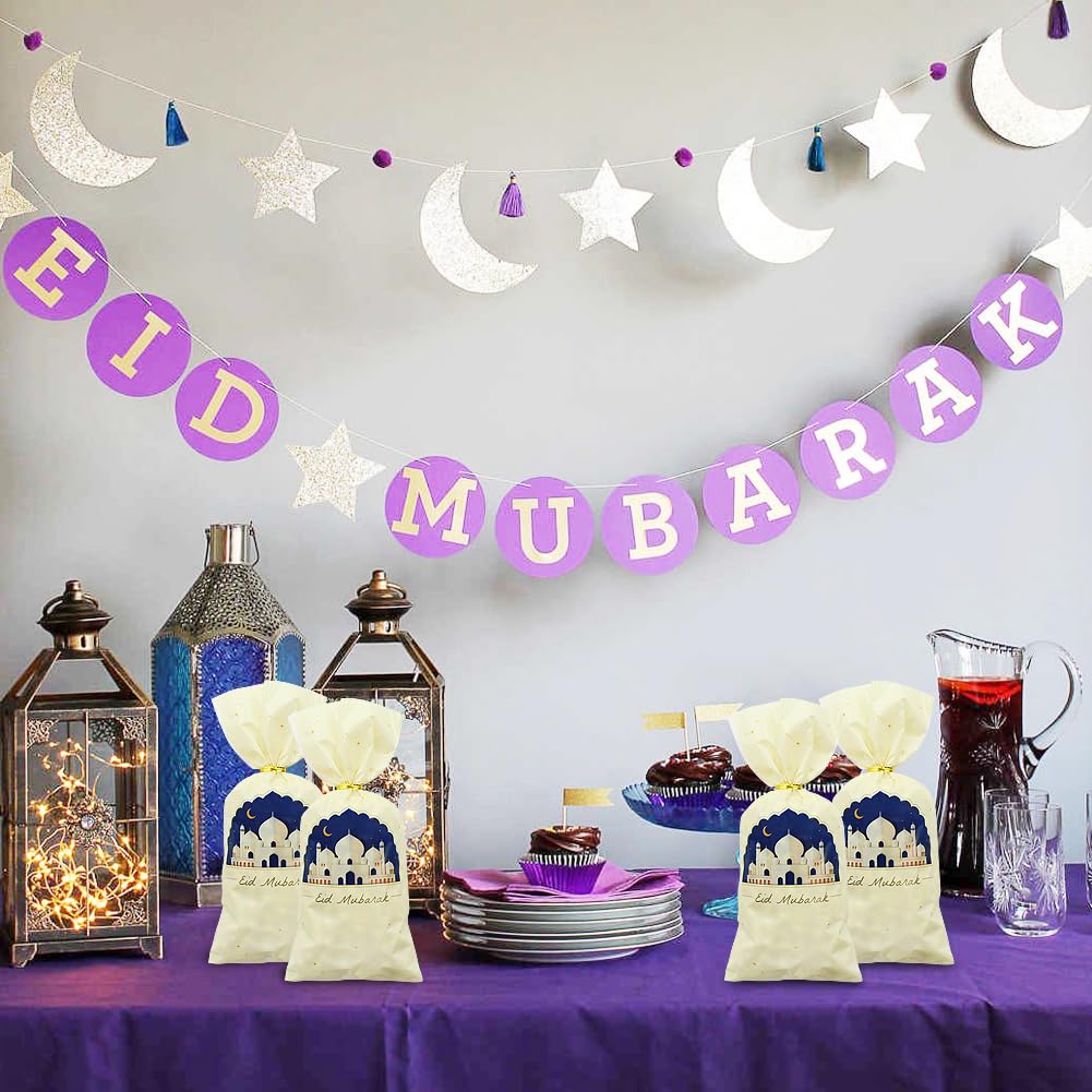 Eid Cellophane Treat Bags 50 PCS,Ramadan Mubarak Plastic Candy Bags with Twist Ties,Eid Moon Castle Gift Bags Party Favor Bags For Islamic Muslim Eid Mubarak Party