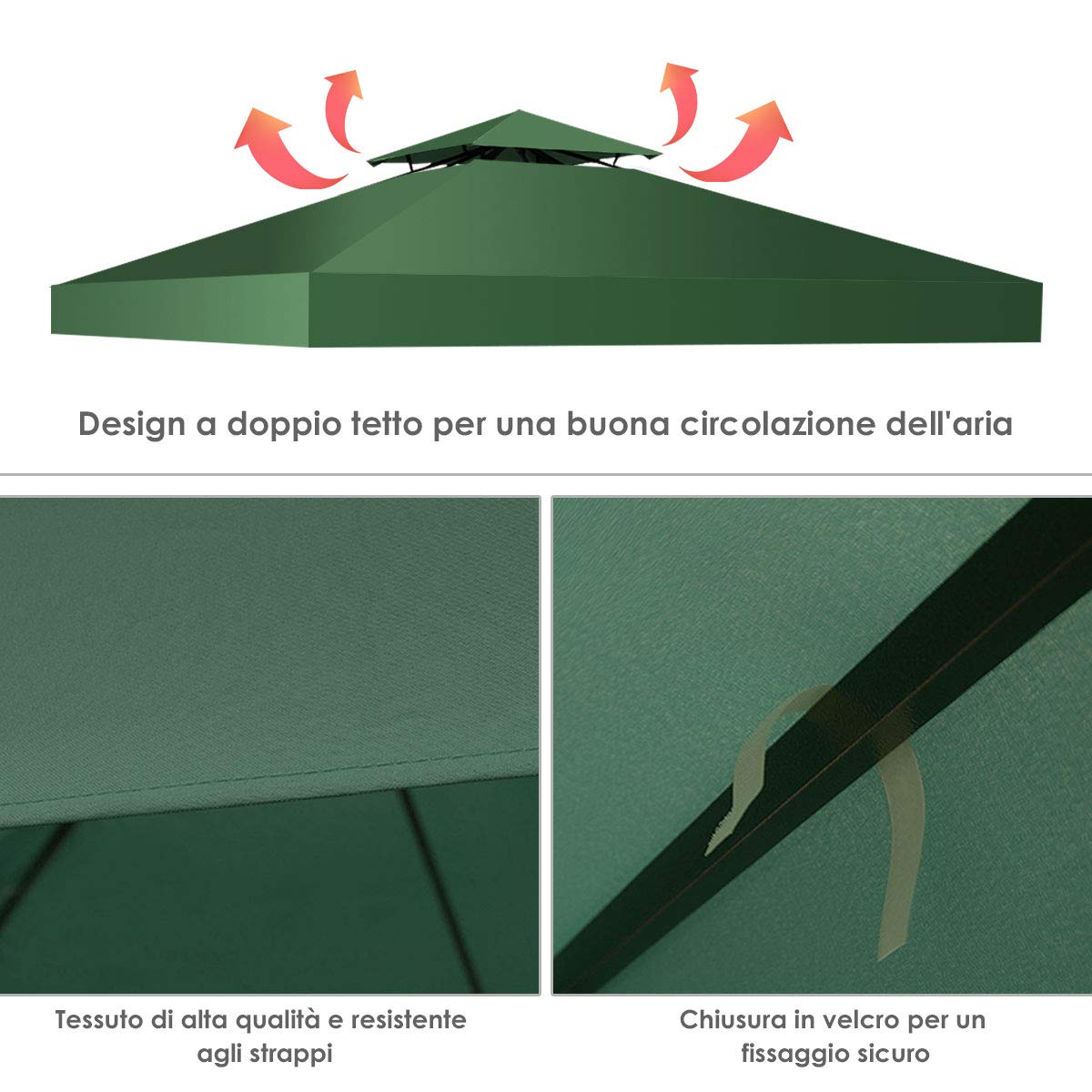 RELAX4LIFE Telo di Ricambio per Gazebo, Baldacchino a Doppio Strato con Camino Airvent, Tessuto Impermeabile, Telo Quadrato 3 x 3 m per Gazebo e Pergola Esterna (Verde)