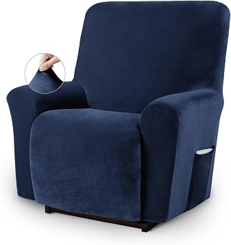 Asnomy Stretch Recliner Chair Covers with Pockets 1-PieceNavy Blue | Velvet Washable Elastic Luxury Plush Reclining Furniture Protector for Dogs Cats or Lazy Boy Recliner Covers