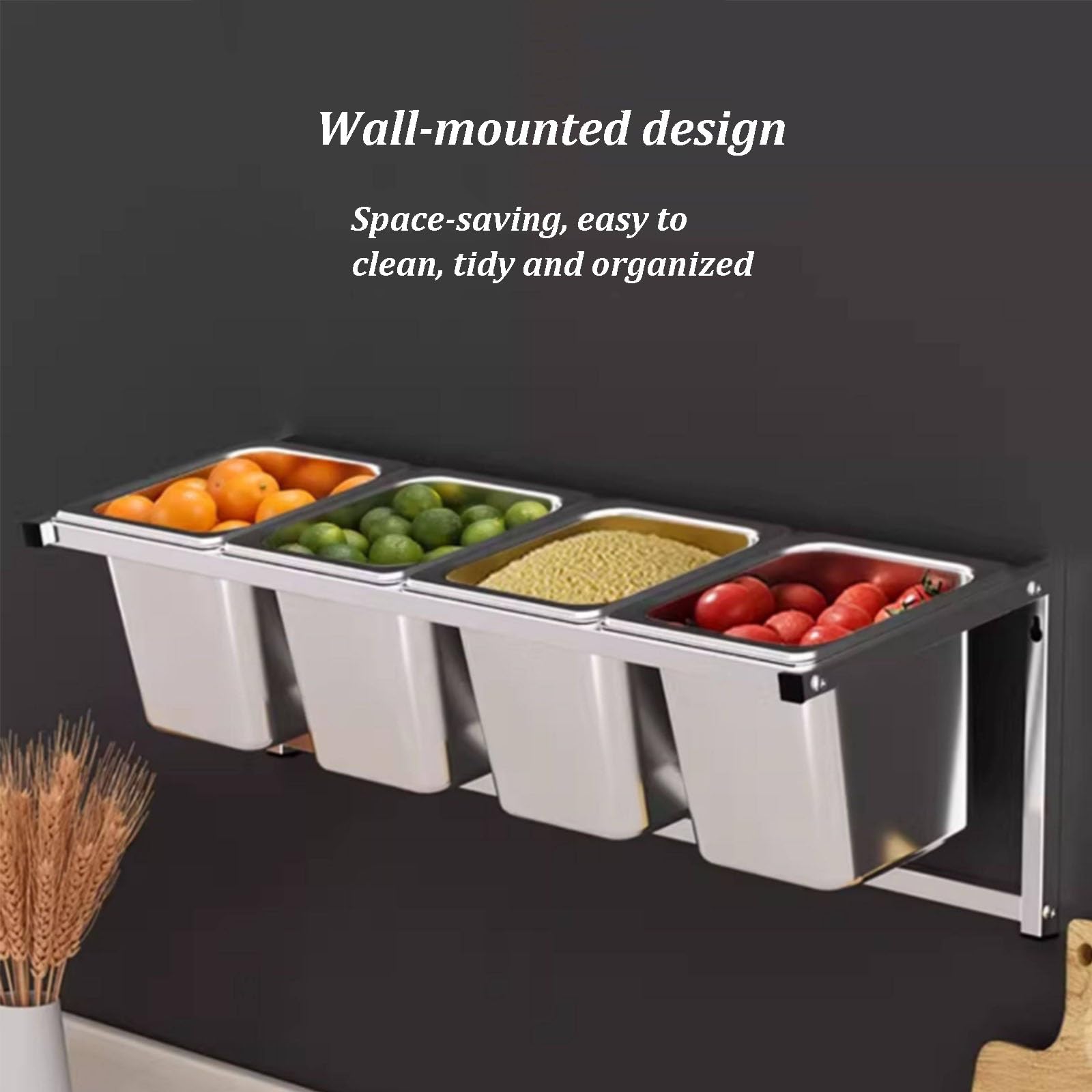 Estación de cobertura de pizza con tapa y cuchara, dispensador de condimentos de acero inoxidable montado en la pared, estante extraíble para especias de buffet para salsas e ingredientes de frutas
