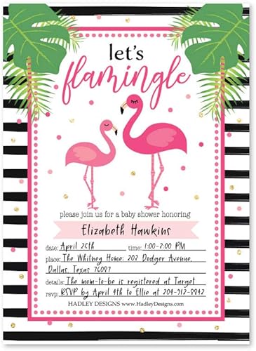 Miniatura 2 de 25 invitaciones para baby shower de flamenco, invitación de espolvorear para niña, tema de revelación de género Coed Luau, linda hoja de palmera