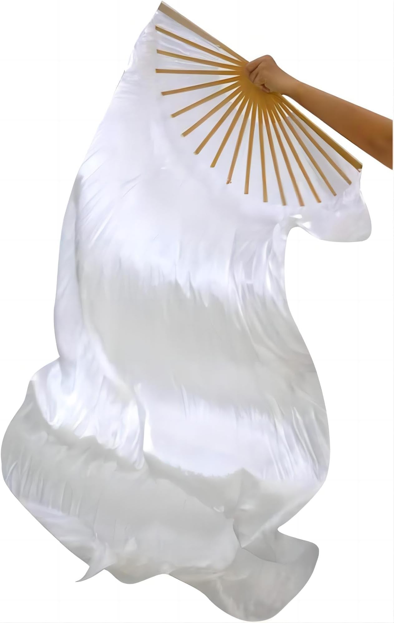 1.8m Artificial Silk Belly Dance Bamboo Fans Veils Women Real Silk Belly Dance Fan Veil - National Dance Dancing Long Bamboo Fan (White -Left Hand)