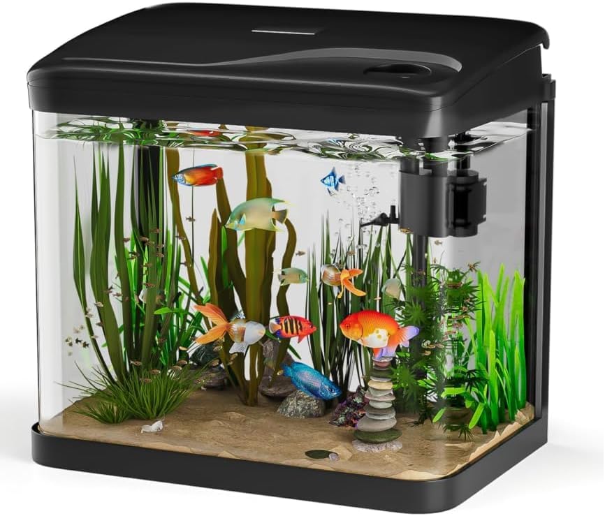 10L Aquarium Komplettset, Stabiles Einsteigerbecken Eingebautem Filtersystem, für Fisch, Aquariu Becken stoßfest,Schwarz