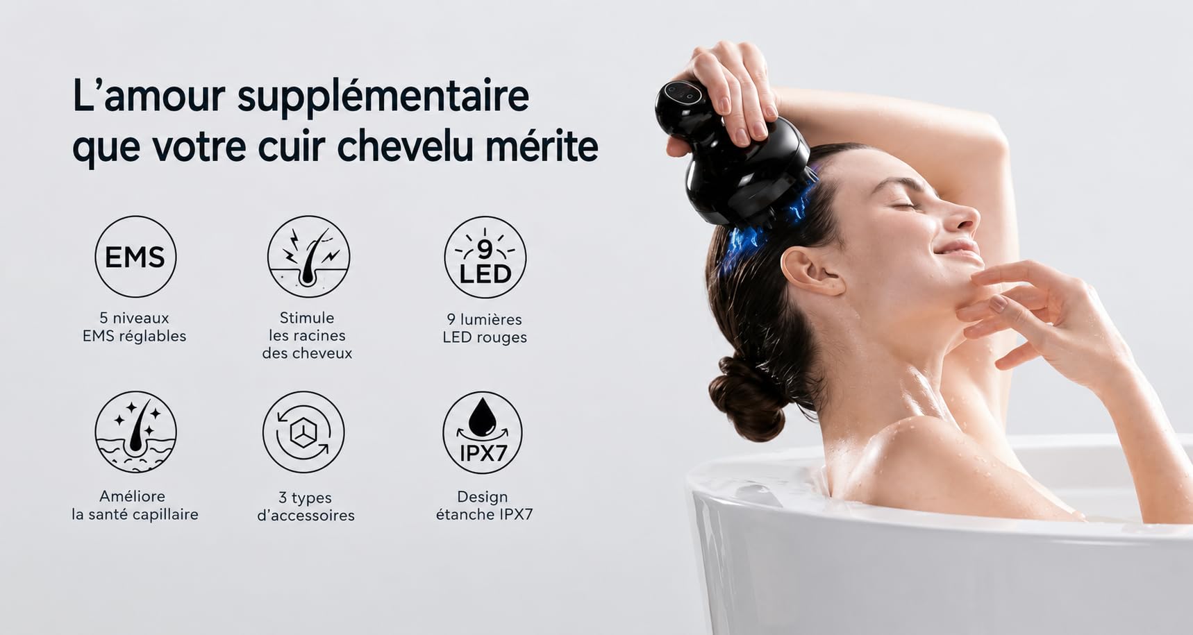 MYTREX Head Spa Pro Appareil de Massage Facial et Capillaire EMS, Stimulateur Cuir Chevelu Lumière Rouge, 12 Accessoires, 5 Niveaux Intensité, Étanche pour Croissance Cheveux