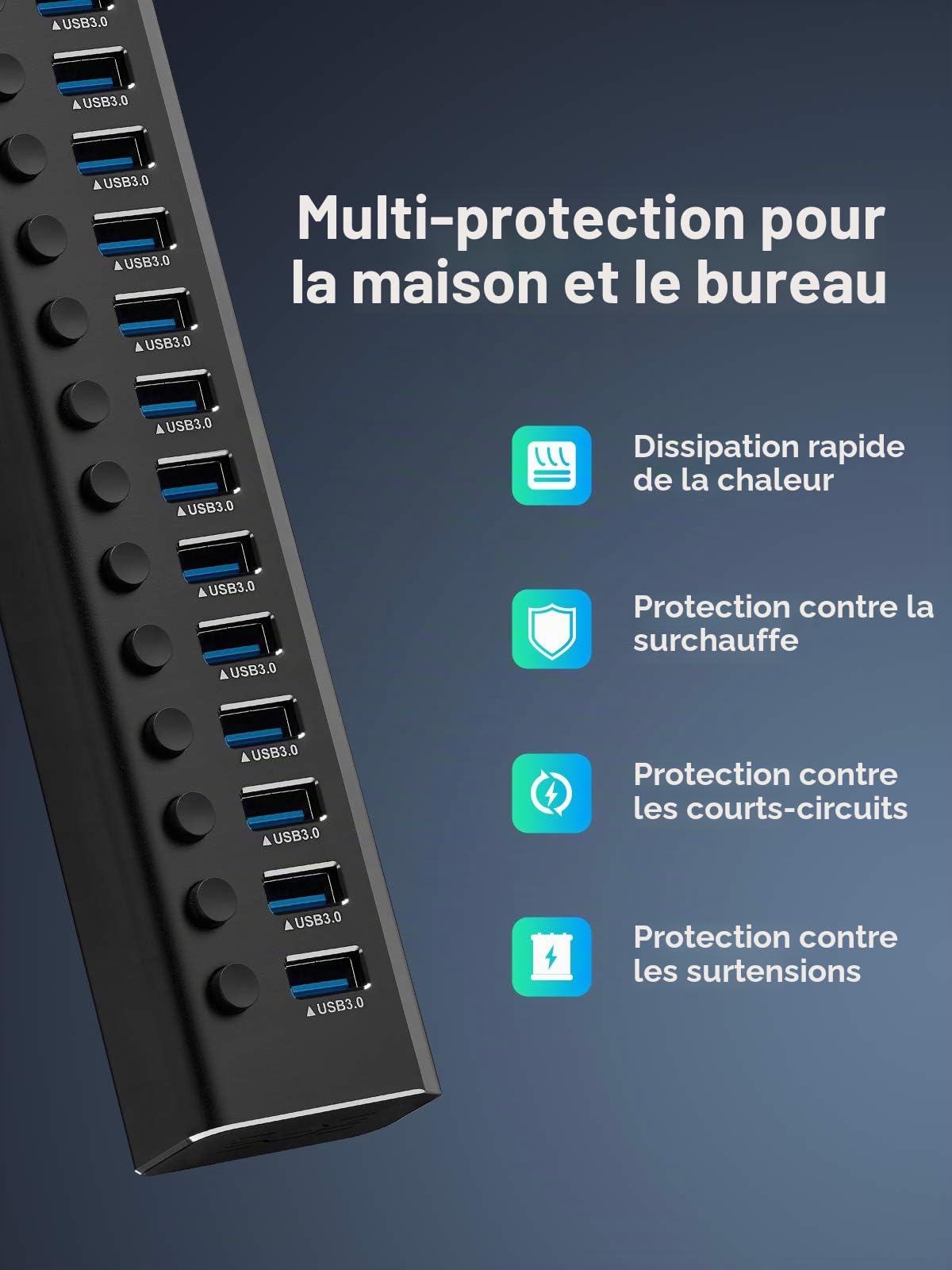 RSHTECH Hub USB 3.0 Aluminium, 16 Ports USB 3.0 Hub, RSH-A16