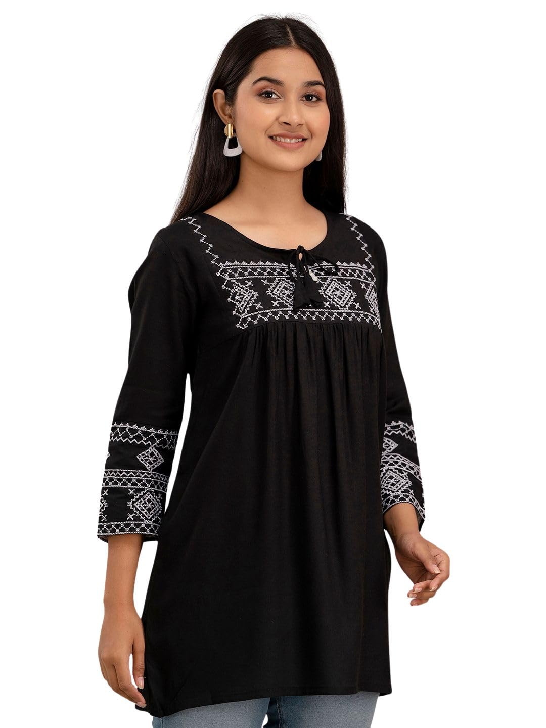 Solid Hip Length Embrioded 3/4 Sleeves Tunic