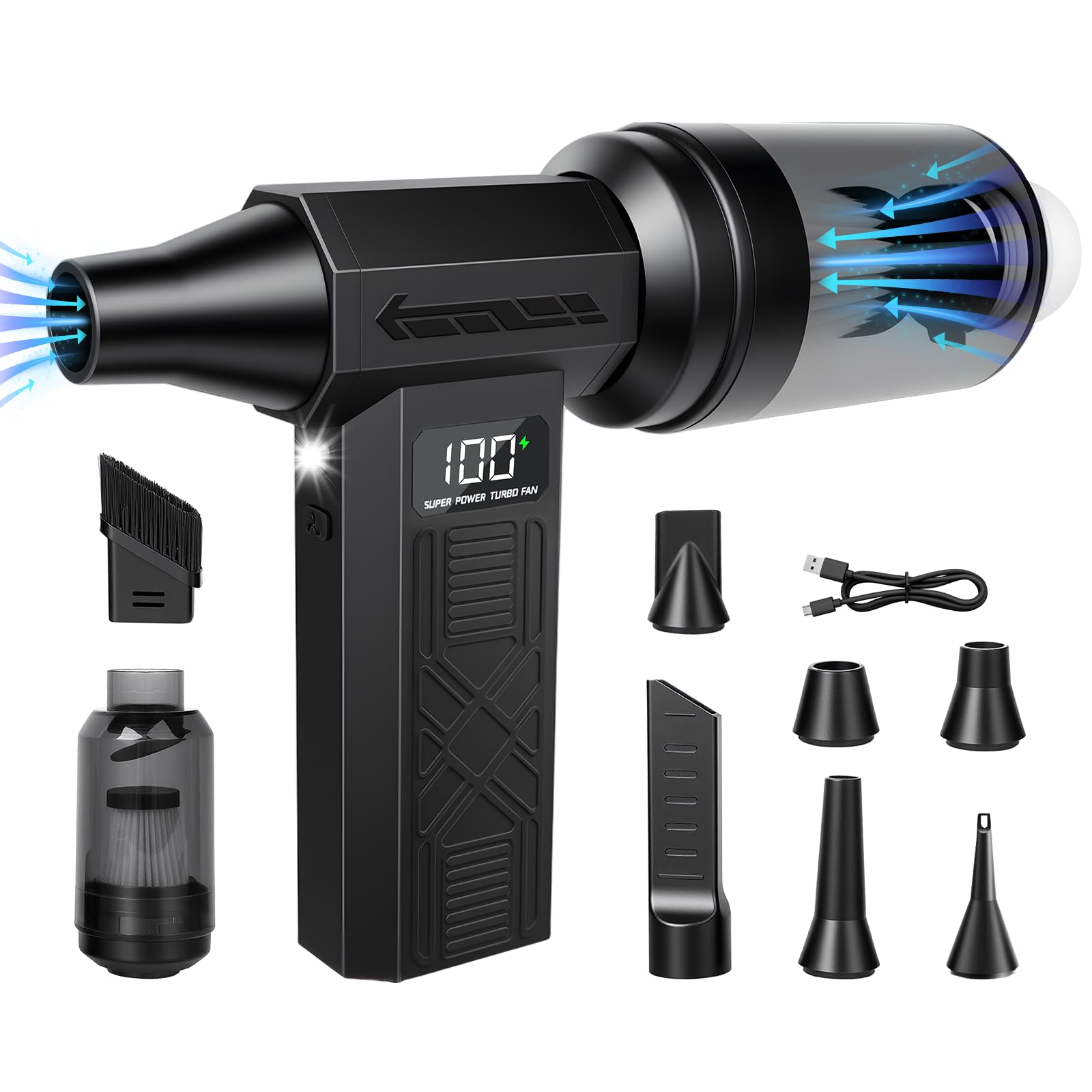 2 en 1 soplador de polvo eléctrico y mini aspiradora – 180.000 rpm pulverizador de aire comprimido con potencia turbo de 100 niveles comprimido con pantalla LED 8000 mAh batería soplador para PC