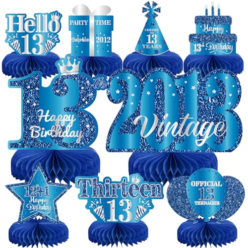 Image of 9Pcs 13th Birthday Decorations Blue Silver 13th Birthday Party Decorations for Teens Boys Girls,Happy 13 Years Birthday Honeycomb Centerpieces Table Sign Decor Supplies