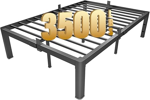 Base de cama de plataforma de metal de 14 pulgadas con esquinas redondas y retenedores de colchón, soporte de listones de acero resistente de 3500