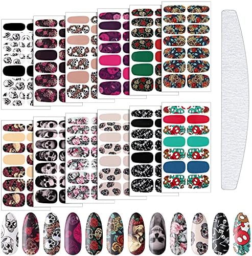 168 Pieces Skull Full Wrap Nail Stickers Gothic Art Full Wraps Nail Polish Stickers 3D Self Adhesive Nail Decal Strips with Nail File Girls Nail Decoration (Skeleton Style)