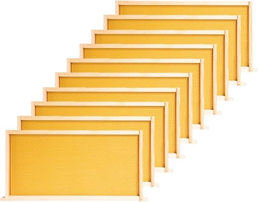 POLLIBEE Deep Brood Bee Frames and Wax Foundations,10 Pack Honey Beehive Frames with 100% Beeswax Coated Food Grade Foundation Sheets,9-1/8-Inch (Yellow)