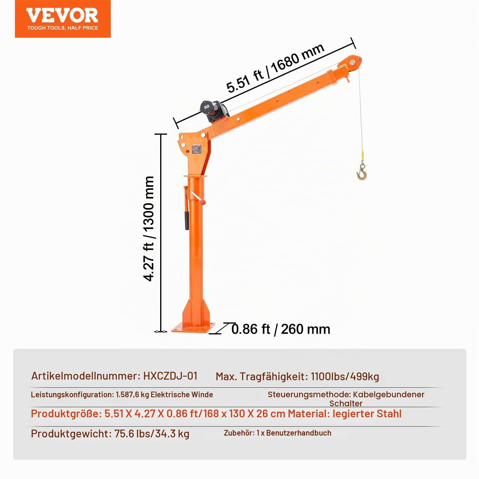VEVOR Ladekran elektrisch, 499kg, Pickup-Kran mit elektrischer Seilwinde 1587 kg, Hebekran aus Stahl für Pickup-Trucks, 360° schwenkbar, zum Heben von Gütern auf der Baustelle oder in der Fabrik