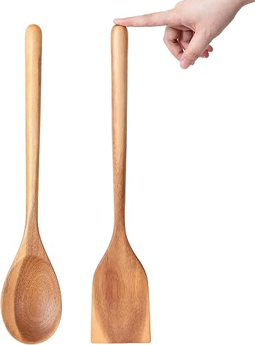 2 cucharas de madera de acacia para cocinar, cucharas de cocina de acabado liso de 12 pulgadas, cucharas de madera de agarre cómodo para cocinar,