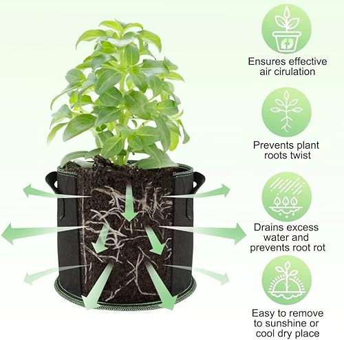 Miniatura 7 de Paquete de 5 bolsas de 1 galón de tela no tejida gruesa resistente para vegetales, flores, plantas, con asas