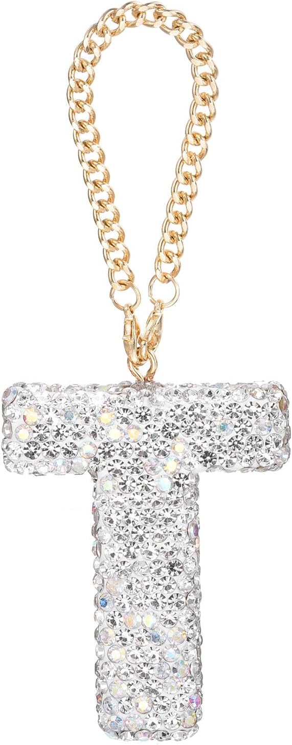 MECCANIXITY Bling Car Letter Charm, Initial T Letter Interior Car Rear View Mirror Decoration Hanging Crystal Ornaments for Women Bags Water Cup DIY Craft, Silver