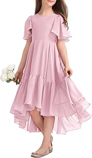 Girls Ruffle Dresses Casual A Line V Neck Short Sleeve Flowy High Low Long Maxi Junior Bridesmaid Party Dress - Buy now
