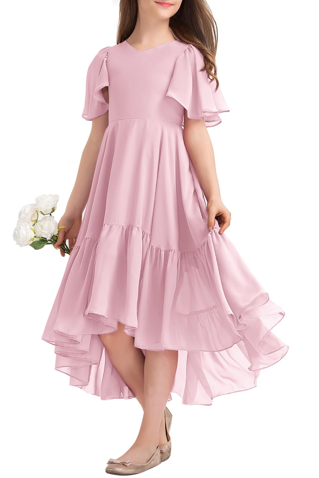 Girls Ruffle Dresses Casual A Line V Neck Short Sleeve Flowy High Low Long Maxi Junior Bridesmaid Party Dress