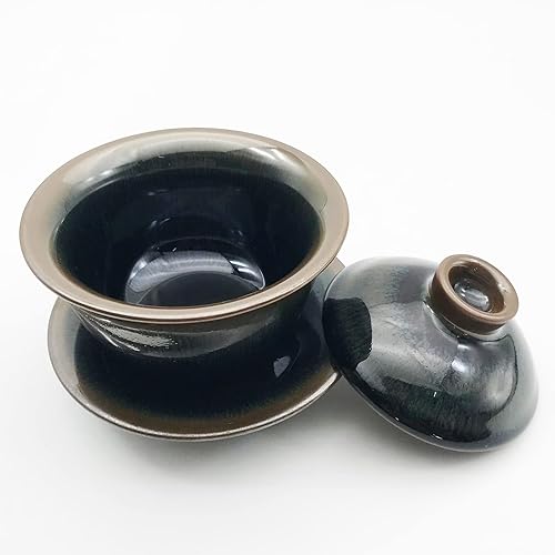 Miniatura 2 de 4.4 oz4.4fl oz Jianzhan Gaiwan - Tetera de porcelana china Kung Fu Tenmoku Gai Wan patrón de agujas azules