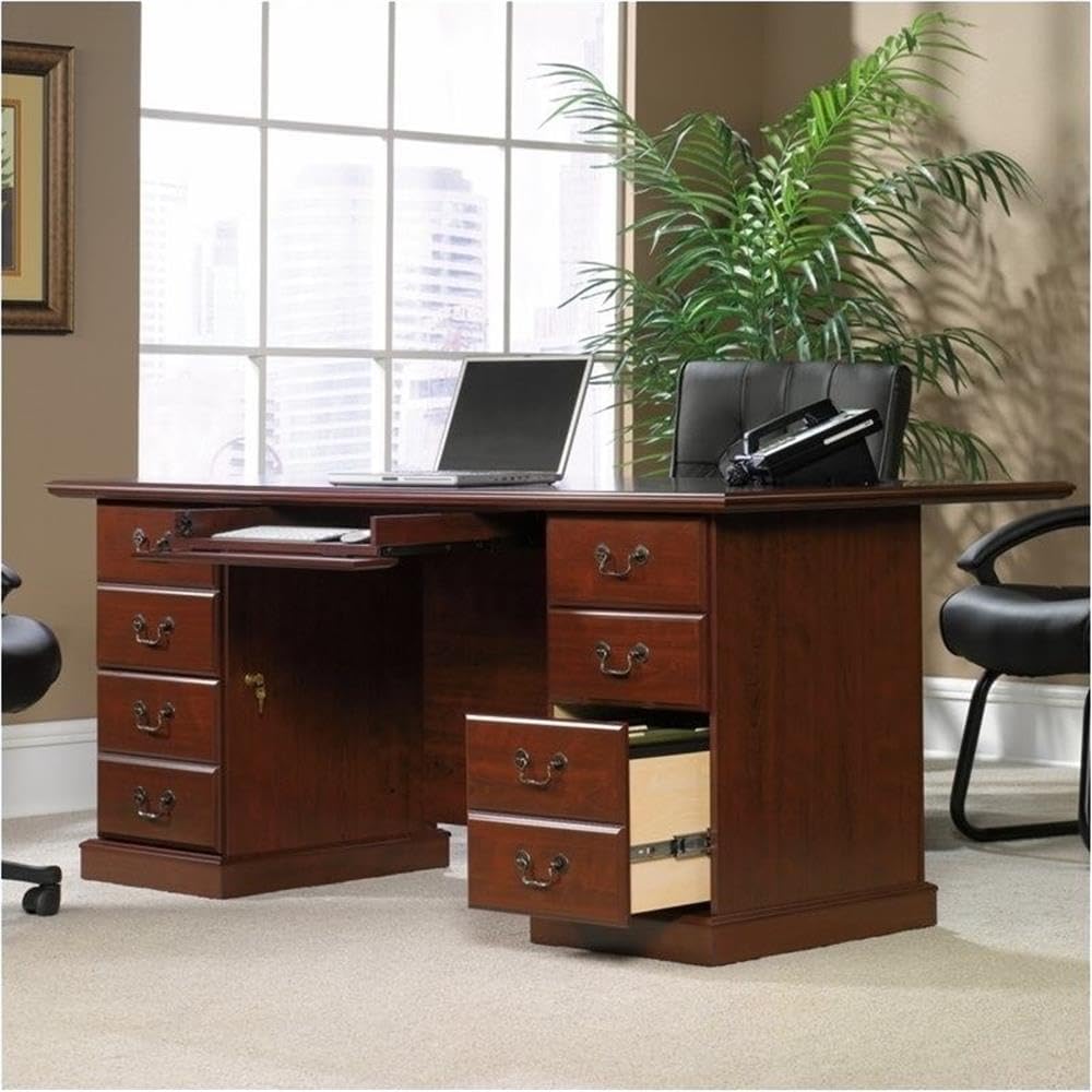 Pemberly Row Transitional Wood Large Executive Desk, Classic Cherry Finish, 70.5 in x 35.5 in x 29.75 in, MDF Construction, Antique Brass Accents, Home Office Desk with Storage, Lockable File Drawers