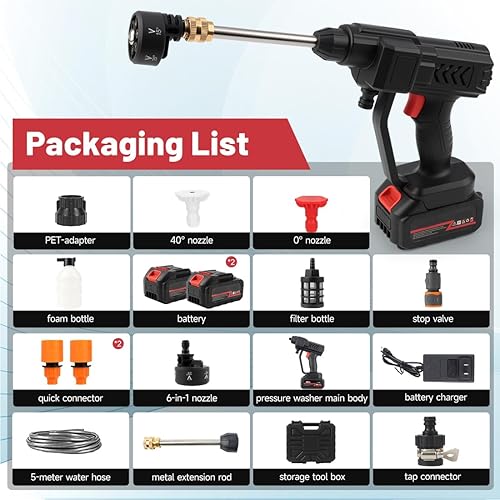 Miniatura 6 de Lavadora a presión inalámbrica, lavadora eléctrica portátil con boquilla 6 en 1 y 2 boquillas, pistola de pulverización de agua a presión manual de