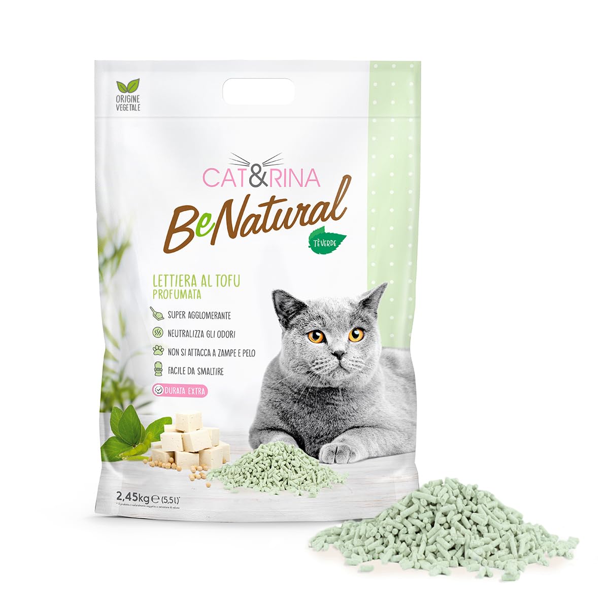 Cat&Rina BeNatural, lettiera per gatti al tofu da 5,5l Agglomerante e Vegetale. Fino a 30 giorni di utilizzo. Si smaltisce nell'organico o nel wc. Sabbia gatti anti odore Tè Verde, 6 pezzi