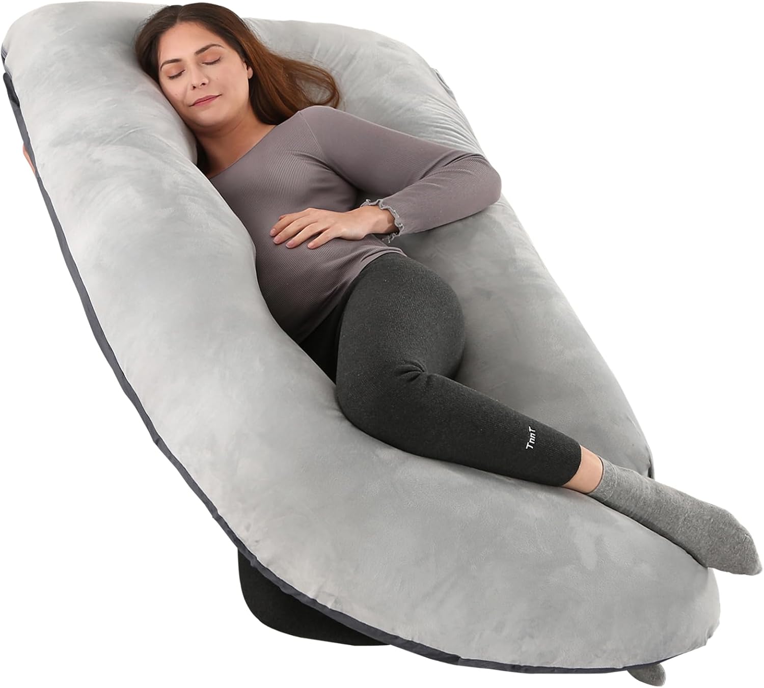 Pregnancy Maternity Pillows for Sleeping U-Shape Full Body Pillow Support - for Back, HIPS, Legs, Belly for Pregnant Women with Removable Washable Velvet Cover(Gray&Black) Gray & Black Velvet Cover - 57 Inch