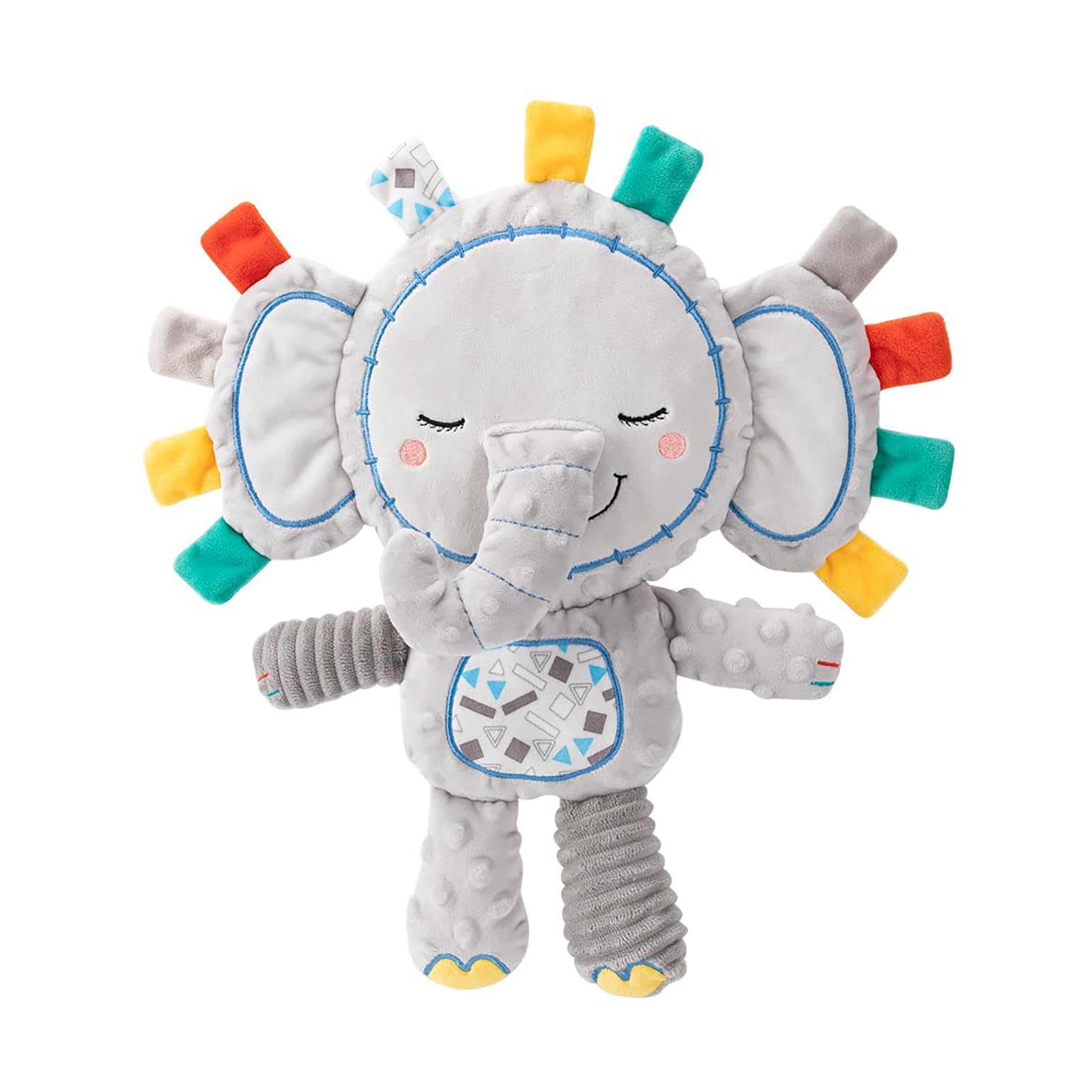 Jambo mom Baby Tags Toy, Sensory Toy Elephant with BB Squeak and Rattle for Babies, Taggie Security Blanket Elephant Stuffed Toy, Rattles for Babies