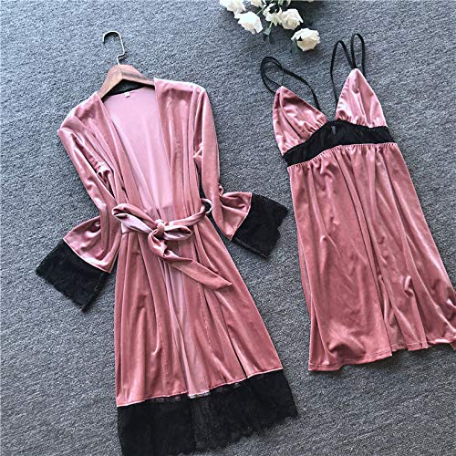 llwannr Winter Robe Velvet Women Winter Two Pieces Robe Gown Sets Luxury V-Neck Female Nightwear Bathrobe,Pink,XL