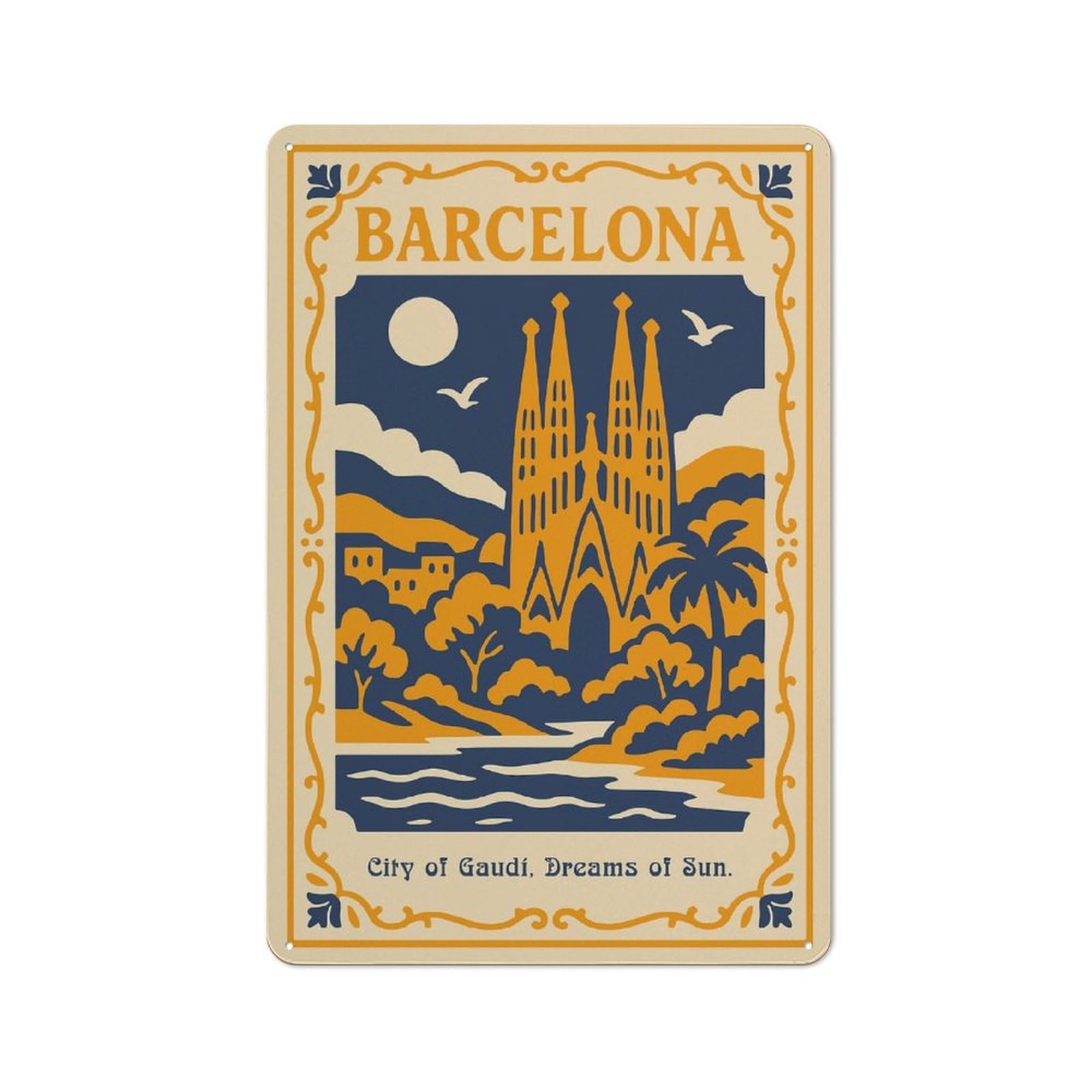 Barcelona Travel Poster Art Deco Style Understated Metal Wall Decor 30x20cm, Office Metal Sign for Office, Study, Studio Or Hallway