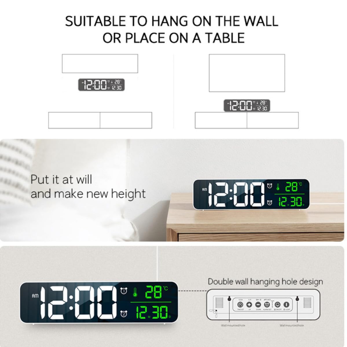 Reloj Despertador Digital LED Blanco de Pared Música y Brillo