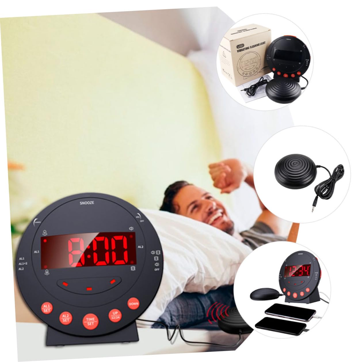 Baluue Starker Vibrationswecker mit Großem Digitaldisplay und Verstellbarem Inklusive Kraftvollem Bettvibrator für Schwerhörige und Tiefschläfer für Senioren und Gehörlose