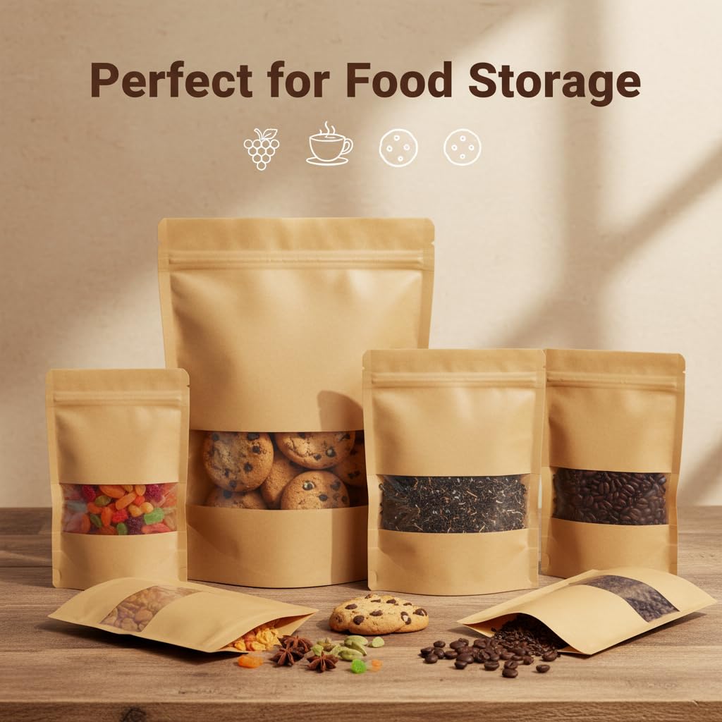 Khaana Packaging Brown Kraft Paper Zip Lock Stand Up Pouches 500 g (9X6") | Pack of 100 | Transparent Rectangle Window | Air Tight Self Sealing | Water Proof & Oil Proof | Reusable Food Storage Bags 3