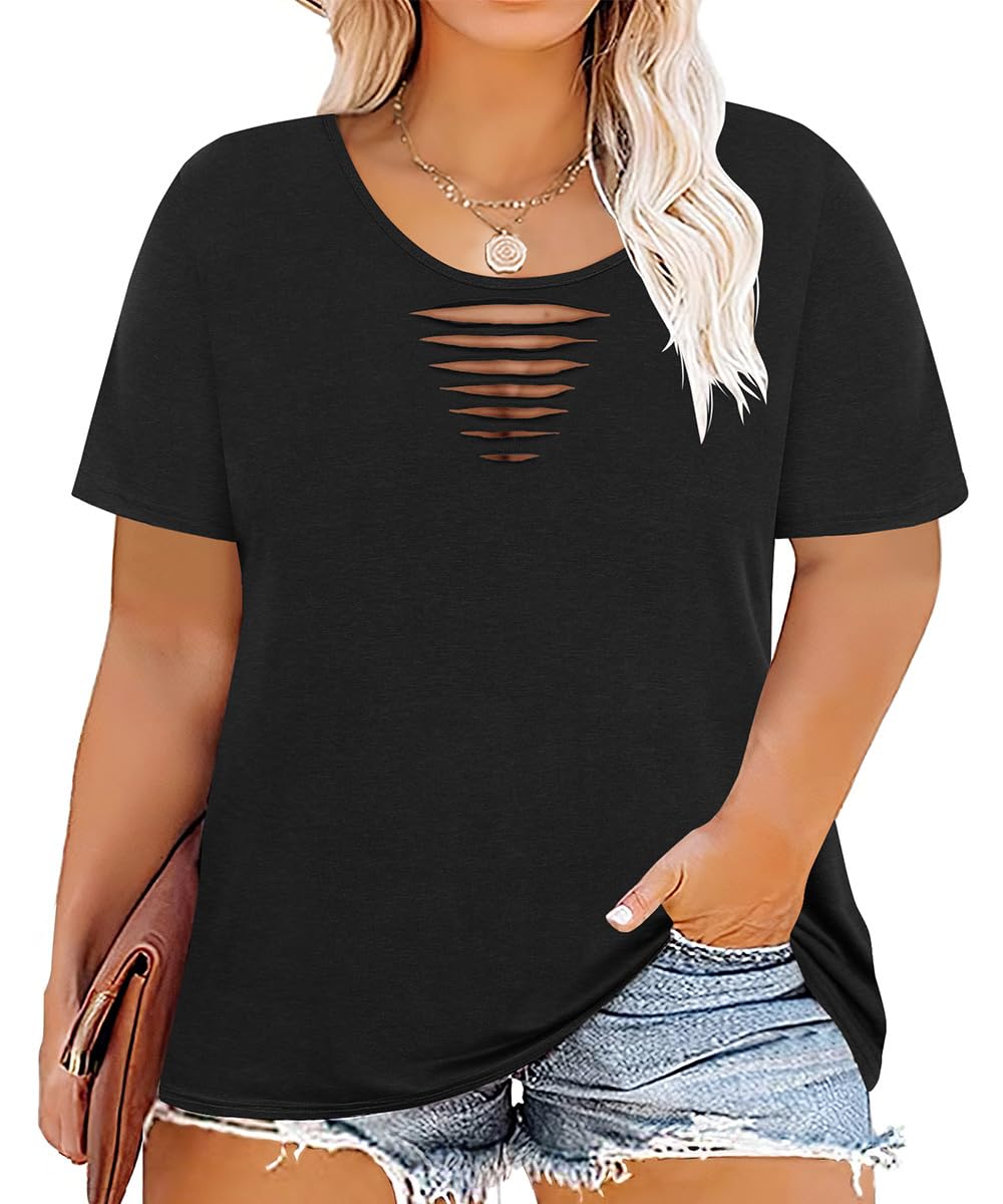 CARCOS Plus Size Tops for Women Short Sleeve Shirts Basic Tee Solid Color Blouse V Neck Tunic Loose Fit Tshirts Summer XL-5XL