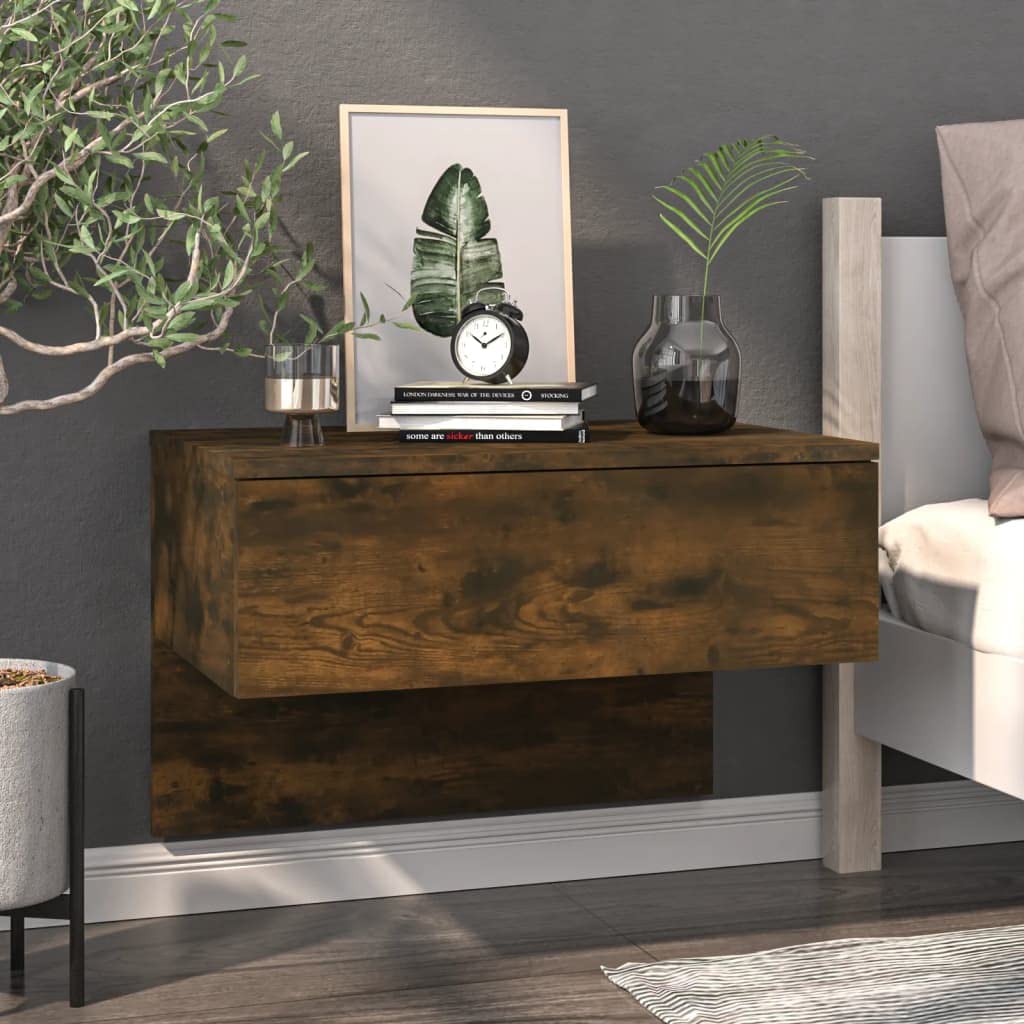 Set di 2 comodini sospesi, montaggio a parete, in legno di rovere affumicato, comodino da parete salvaspazio per libri e ornamenti, facile da pulire e stabile