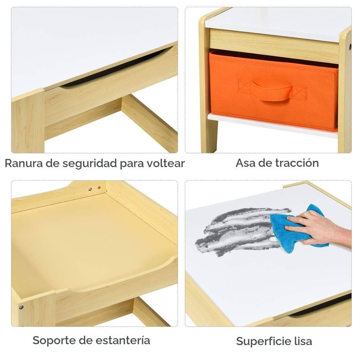GIANTEX Juego de Mesa y 2 Sillas para Niños, Sillas con Cajones de Tela, Escritorio Infantil de Madera con Espacio de Almacenamiento, Tablero Reversible con Pizarra, Grupo de Asientos para Niños