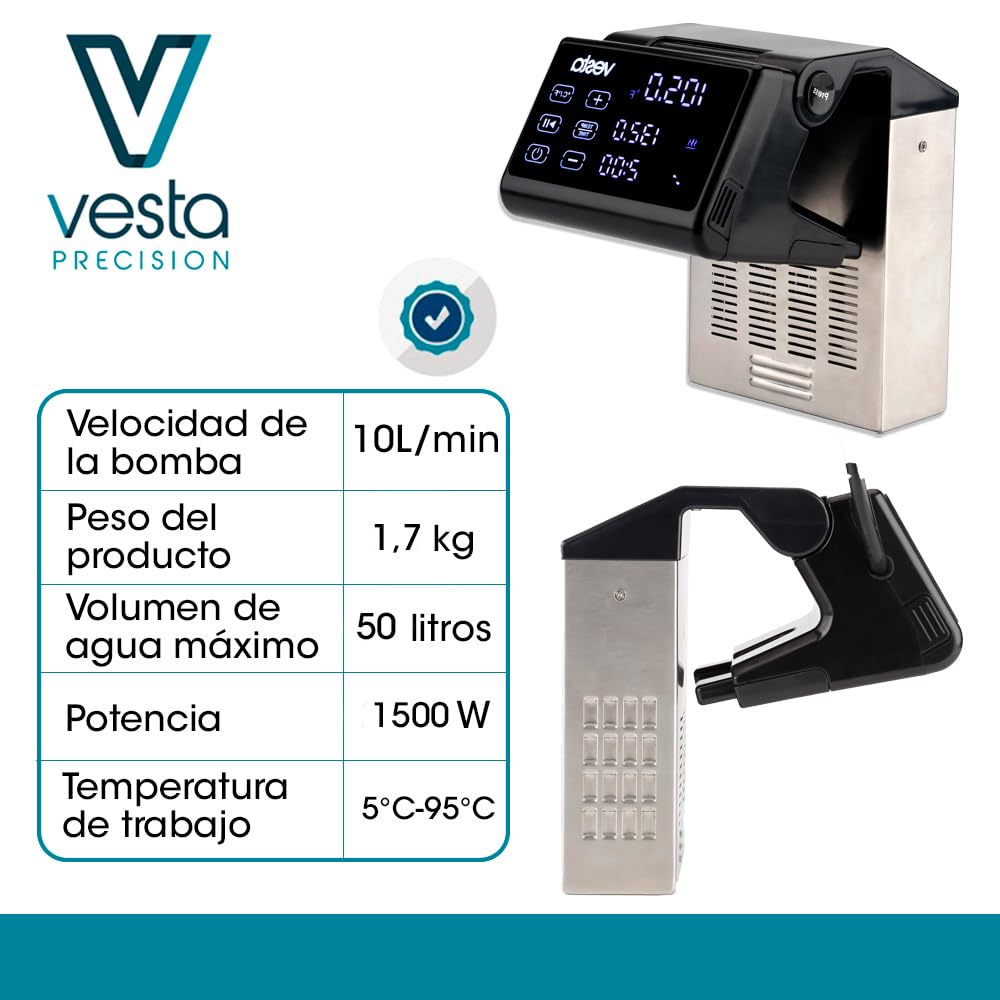 Vesta Precision Termocirculador de Inmersión SV91 Imersa Pro para Cocina a Baja Temperatura con App de Control Compatible con Recipientes de Agua ≤50L | Diseño Plegable, Color Negro, 1500W