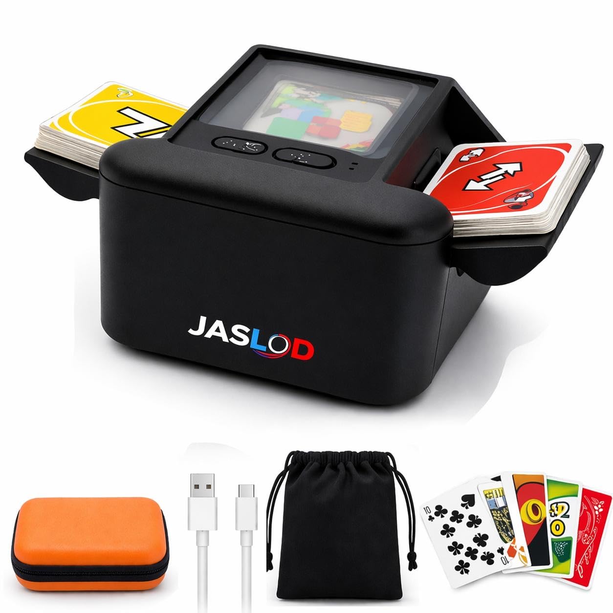 Mélangeur de Cartes Automatique Électronique, Rechargeable USB Distributeur de Carte Compatible UNO Poker Skyjo Jeu de Société Sac de Rangement Inclus Silencieux et Rapide, Mode Auto et Manuel
